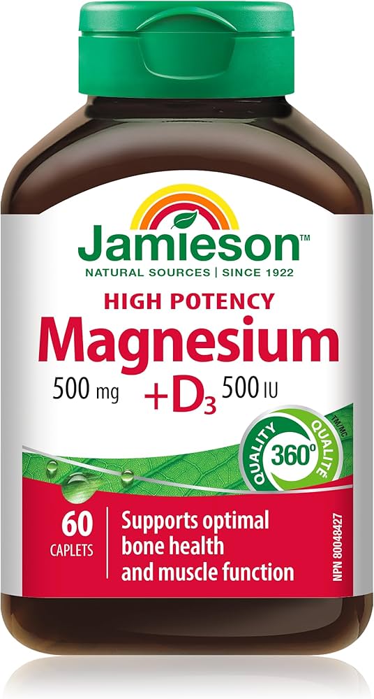 Jamieson Magnesium 500mg + 500 IU Vitamin D3 Caplets 60’s